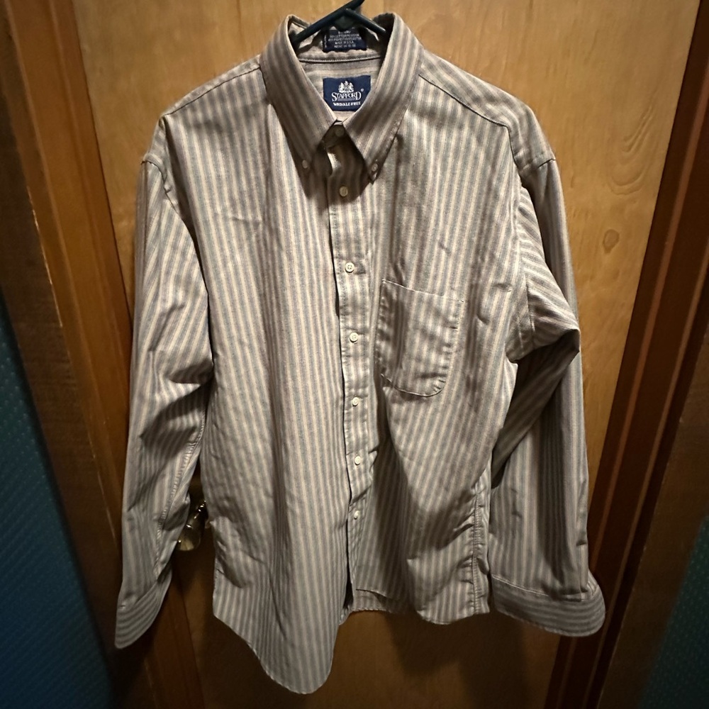 Stafford Men's Casual Striped Button Down Shirt - beige with blue/red 17 34/35